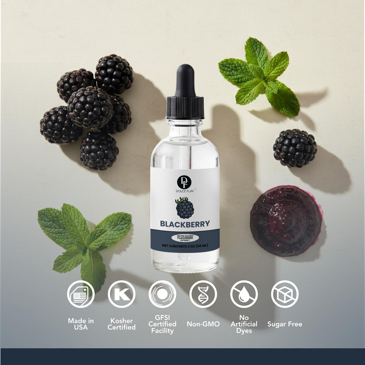 Dolce Flav Blackberry Extract pour-action highlights bold flavor in recipes.
