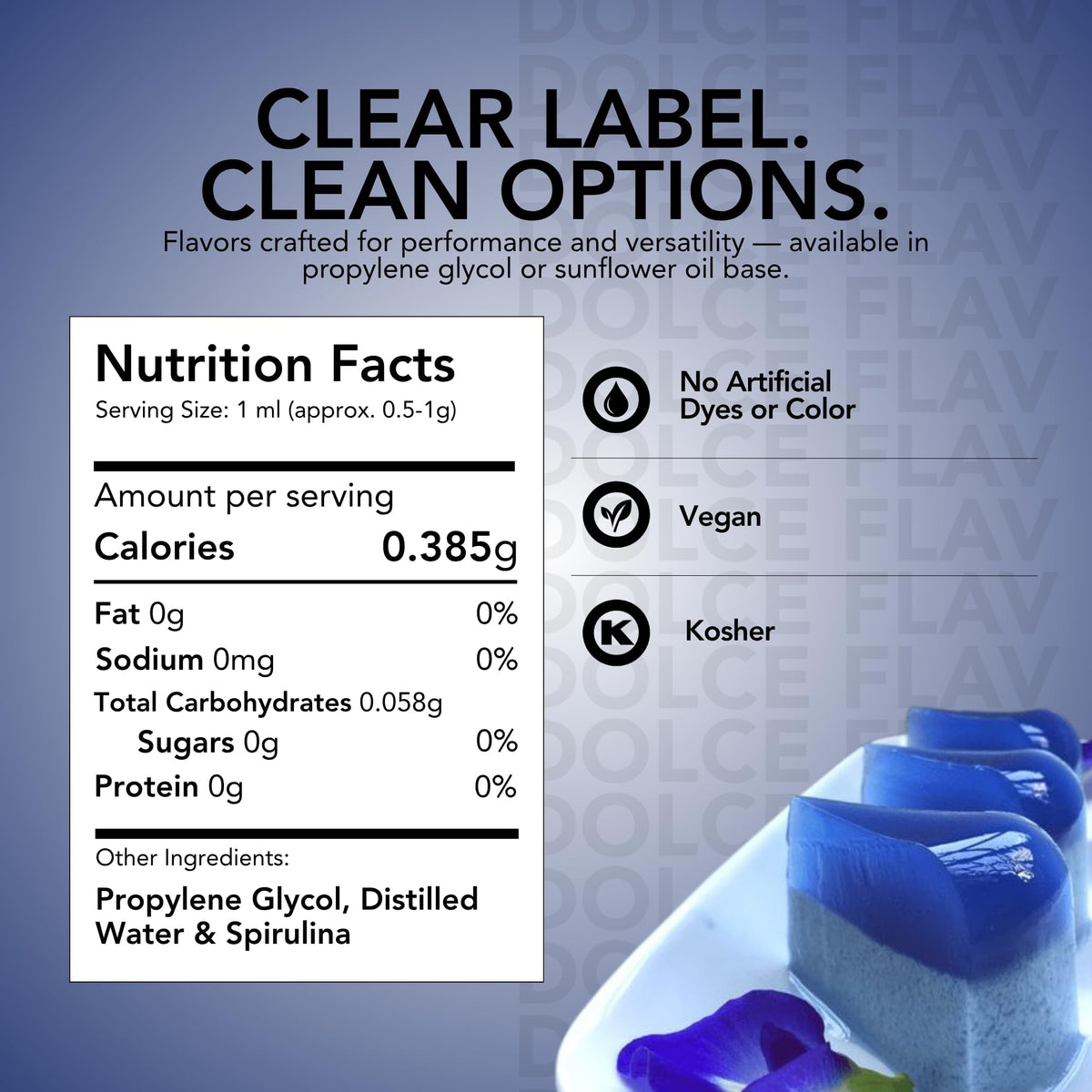 Dolce Flav blue dye drops provide vibrant drinks and batters