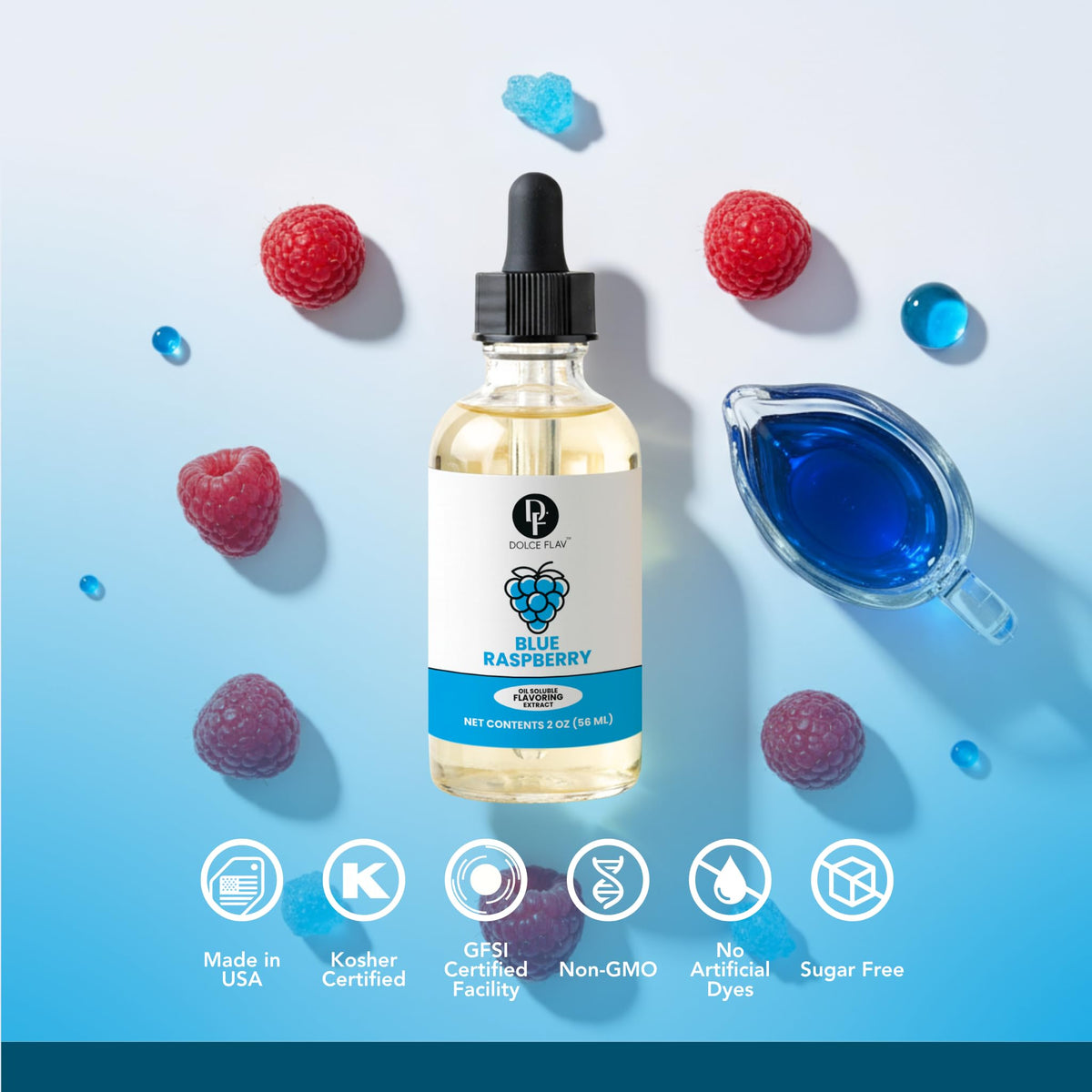 Dolce Flav Blue Raspberry Extract adds blue raspberry notes to cookies and desserts.