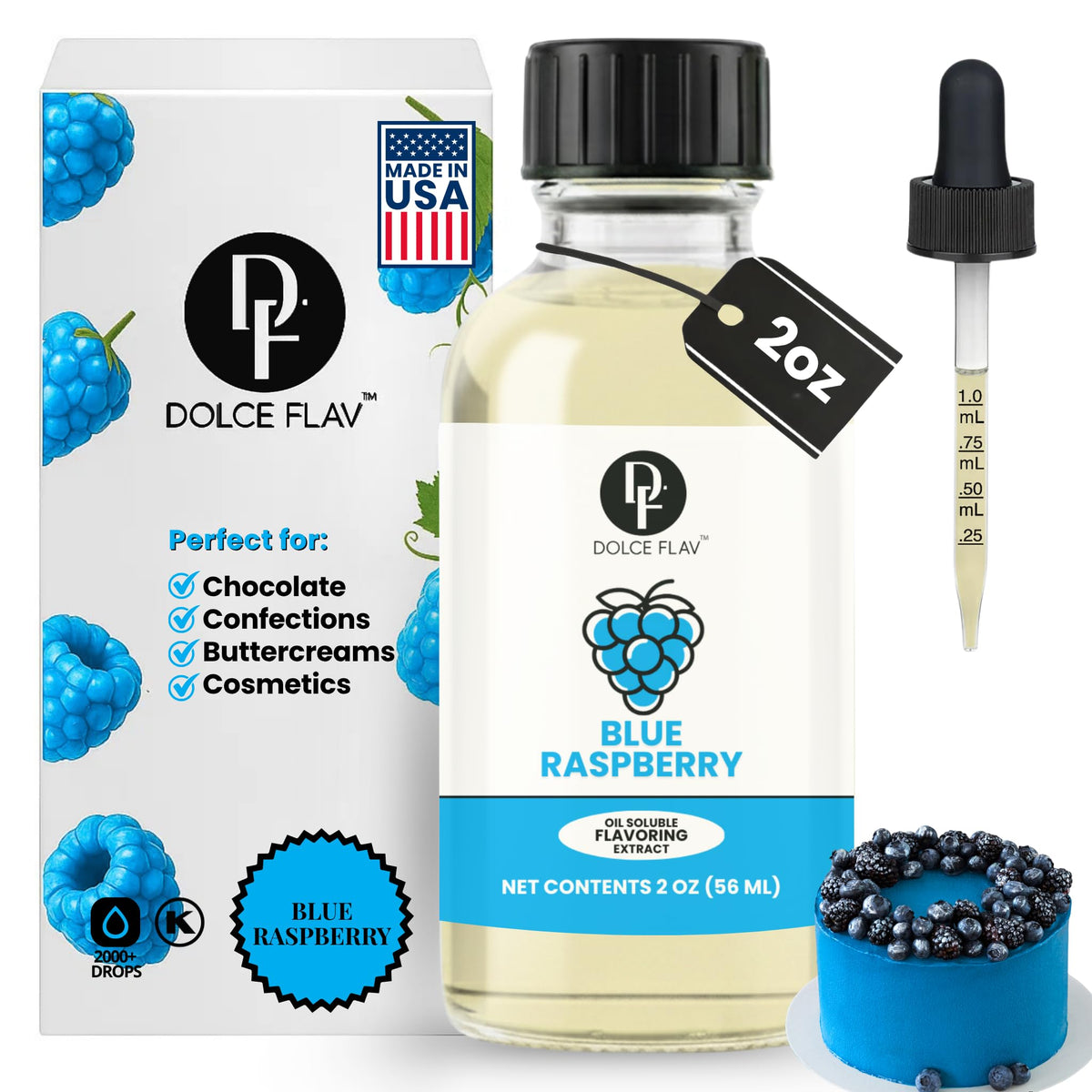 Dolce Flav Blue Raspberry Extract bottle with dropper for precise flavoring in baking.