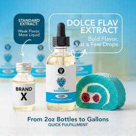 Dolce Flav Blue Raspberry Extract enhances drinks and smoothies with bright flavor.
