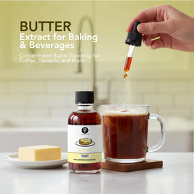 Dolce Flav Butter Extract bottle label closeup highlights kosher sugar-free formula