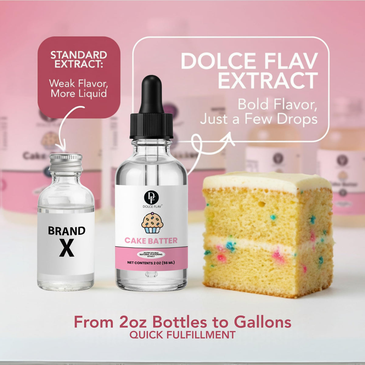 Dolce Flav cake batter extract drops being dispensed for baking and flavoring.