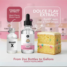 Dolce Flav cake batter extract drops being dispensed for baking and flavoring.