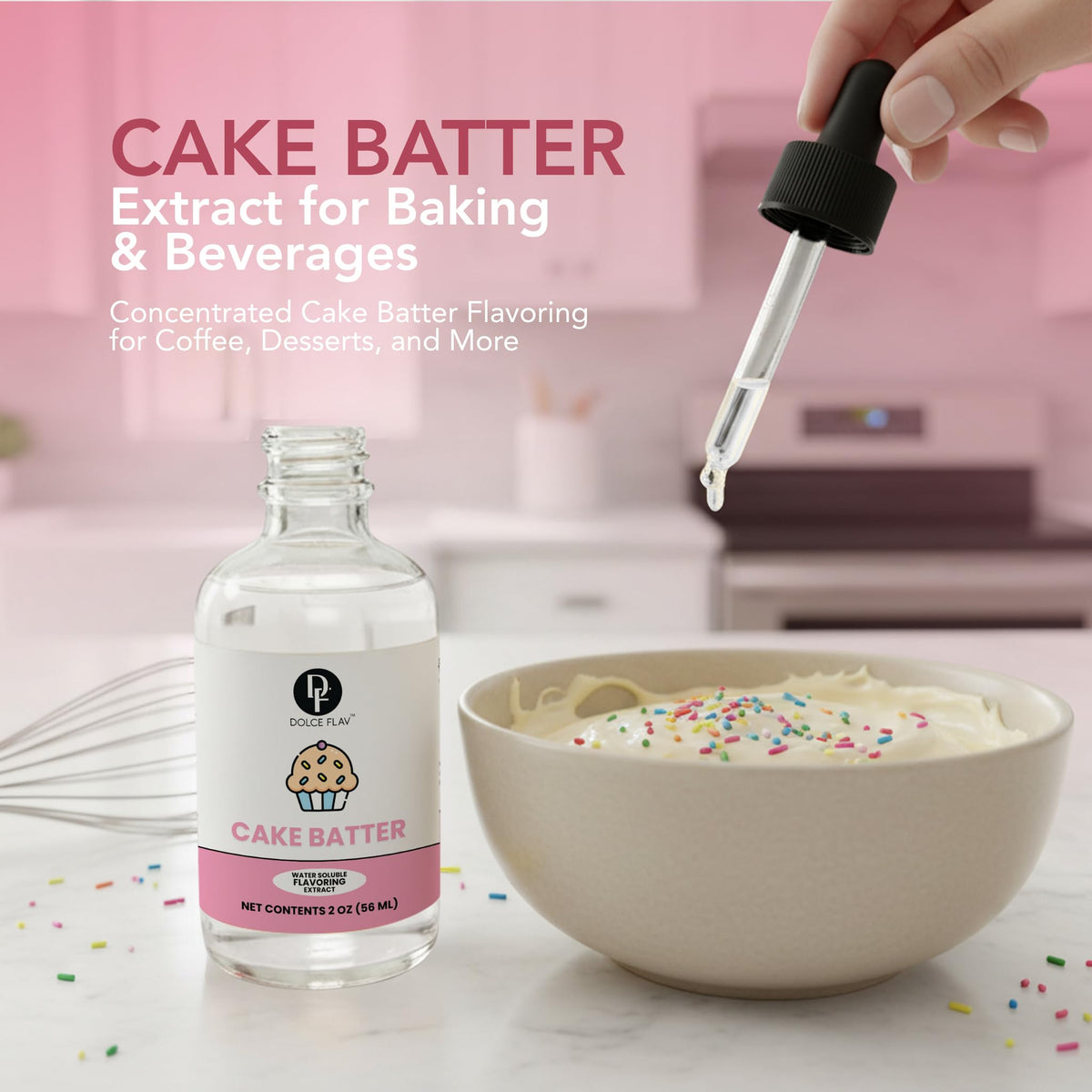 Dolce Flav cake batter extract label and dropper close-up for premium ingredient details.
