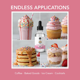 Dolce Flav cake batter flavoring drops into beverage highlighting sugar-free, versatile uses.