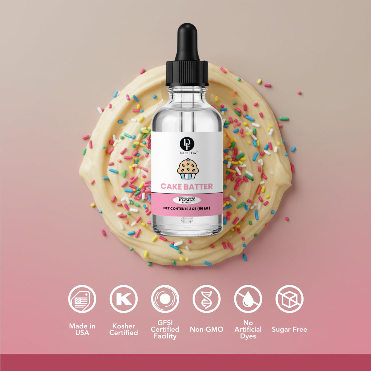 Dolce Flav cake batter frosting jar showing easy enhancement for cupcakes and cakes.