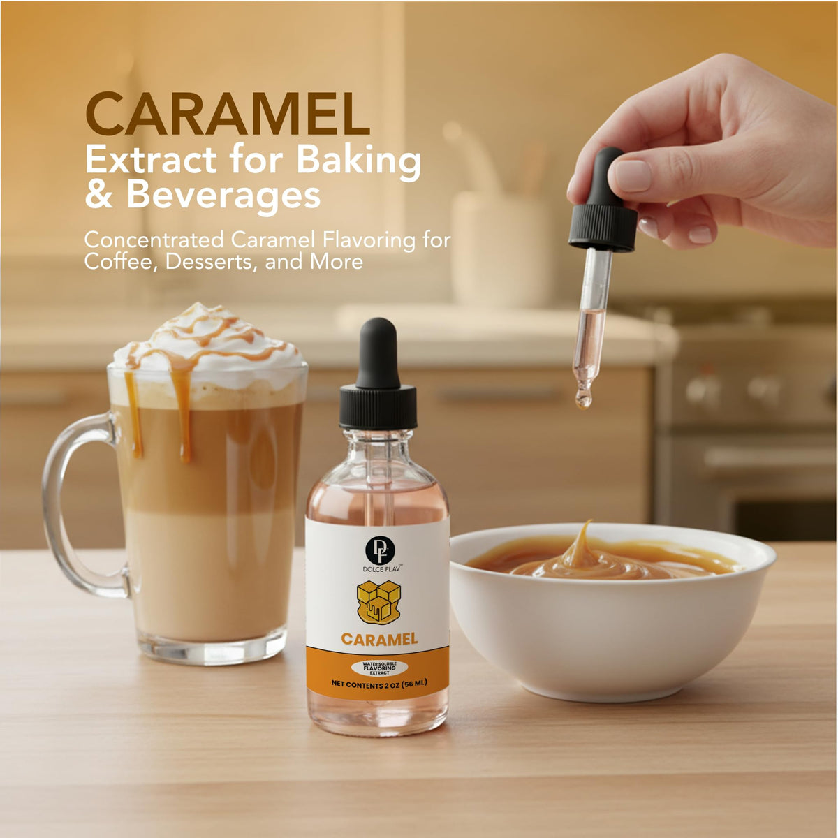 Dolce Flav caramel extract drops to flavor beverages and coffee.
