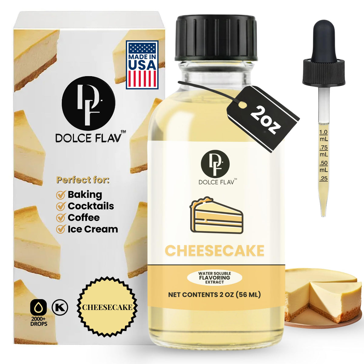 Dolce Flav cheesecake extract bottle with dropper for precise flavoring.