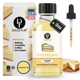 Dolce Flav cheesecake extract bottle with dropper for precise flavoring.