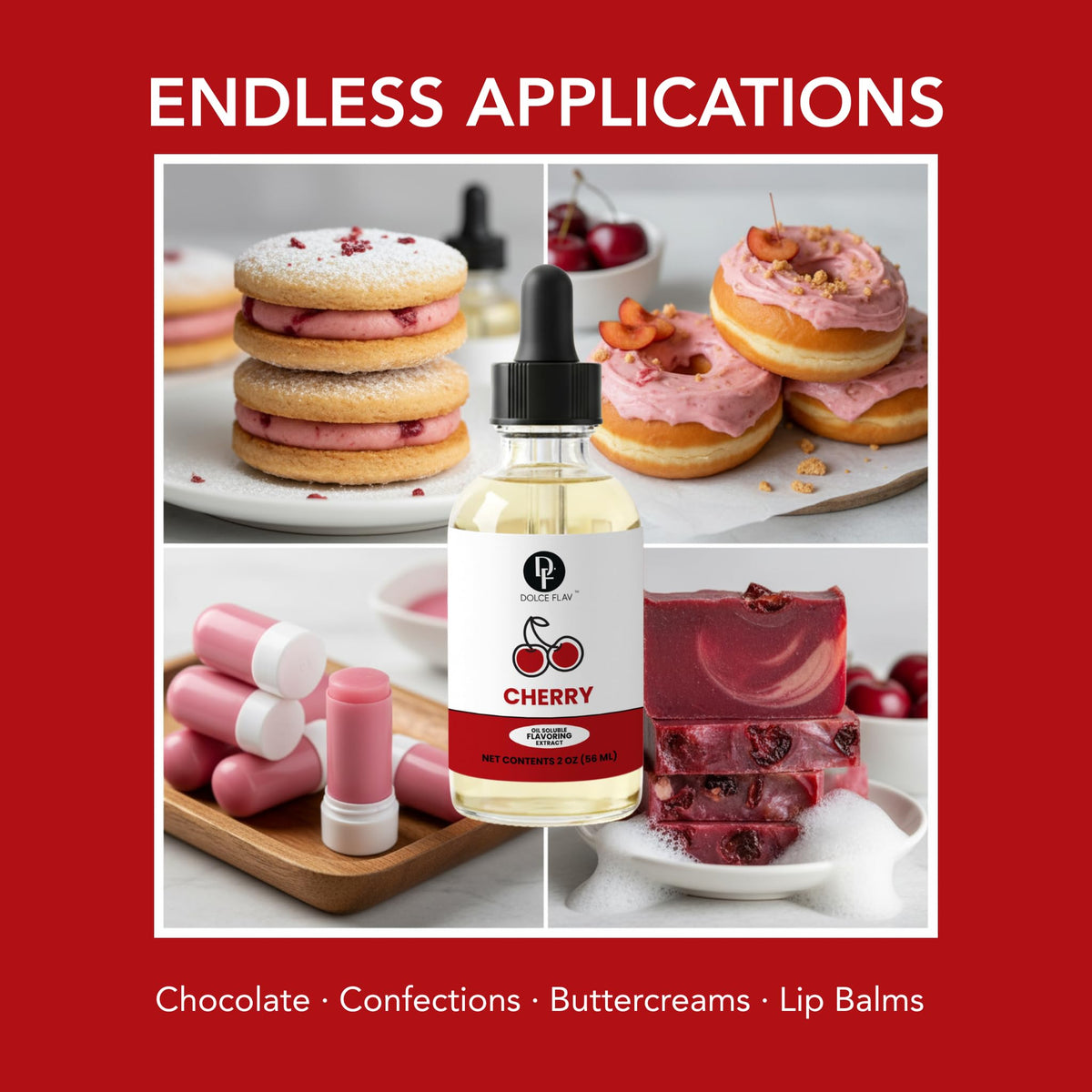 Close-up of Dolce Flav Cherry Extract dropper releasing cherry flavor into batter.