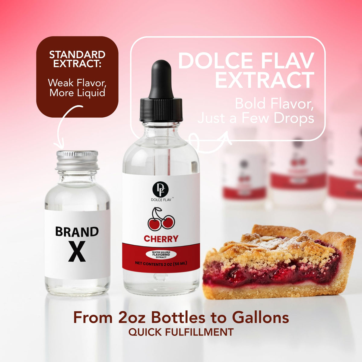 Dolce Flav Cherry Extract drops closeup reveals vibrant color for recipes.