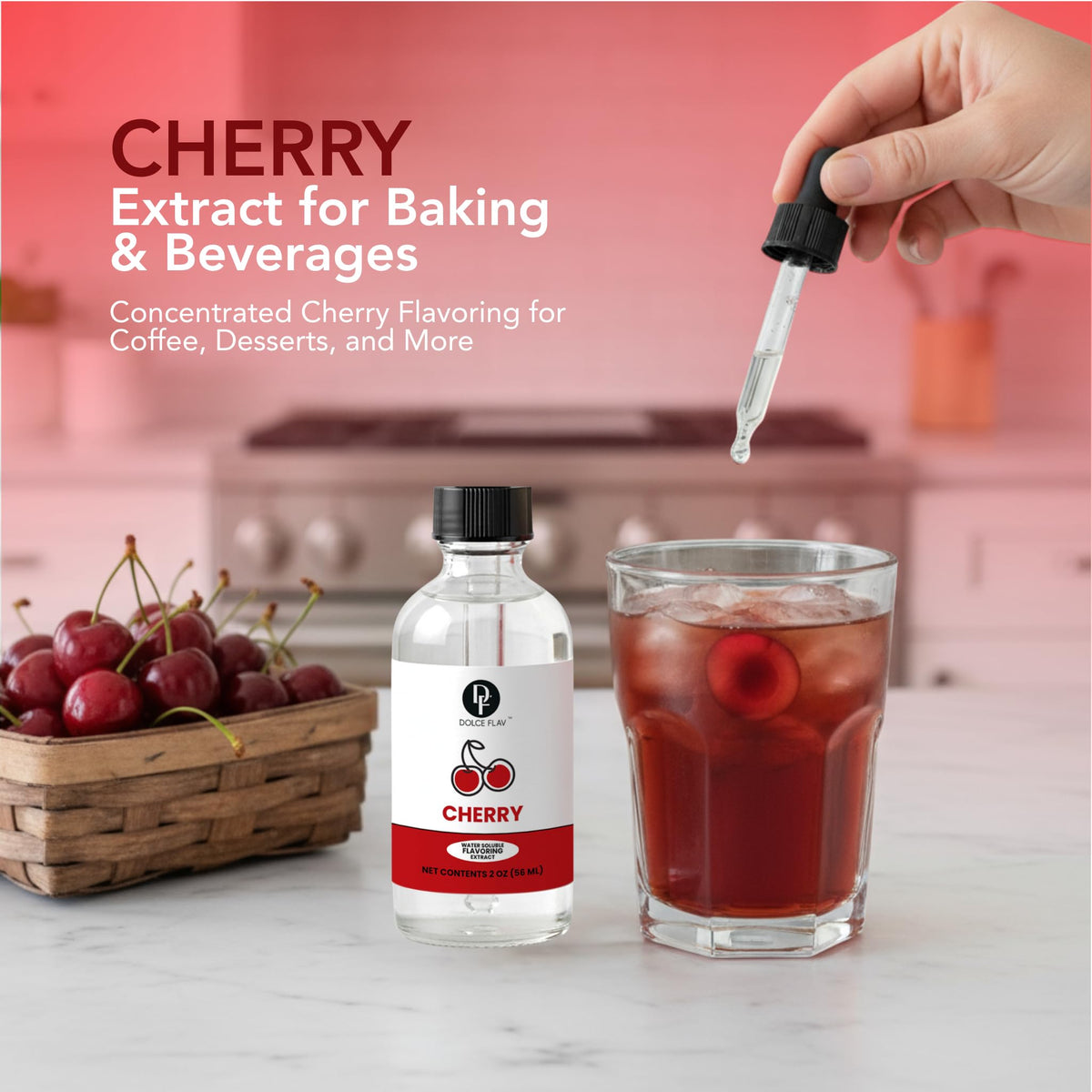 Dolce Flav Cherry Extract drops pour smoothly into batters and drinks.