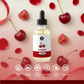 Dolce Flav Cherry Extract label close-up highlighting kosher and sugar-free formulation.