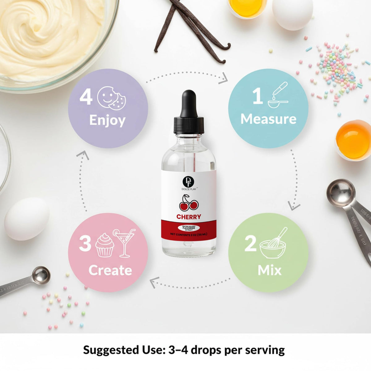 Dolce Flav Cherry Extract drops enhance syrups and toppings with cherry notes.