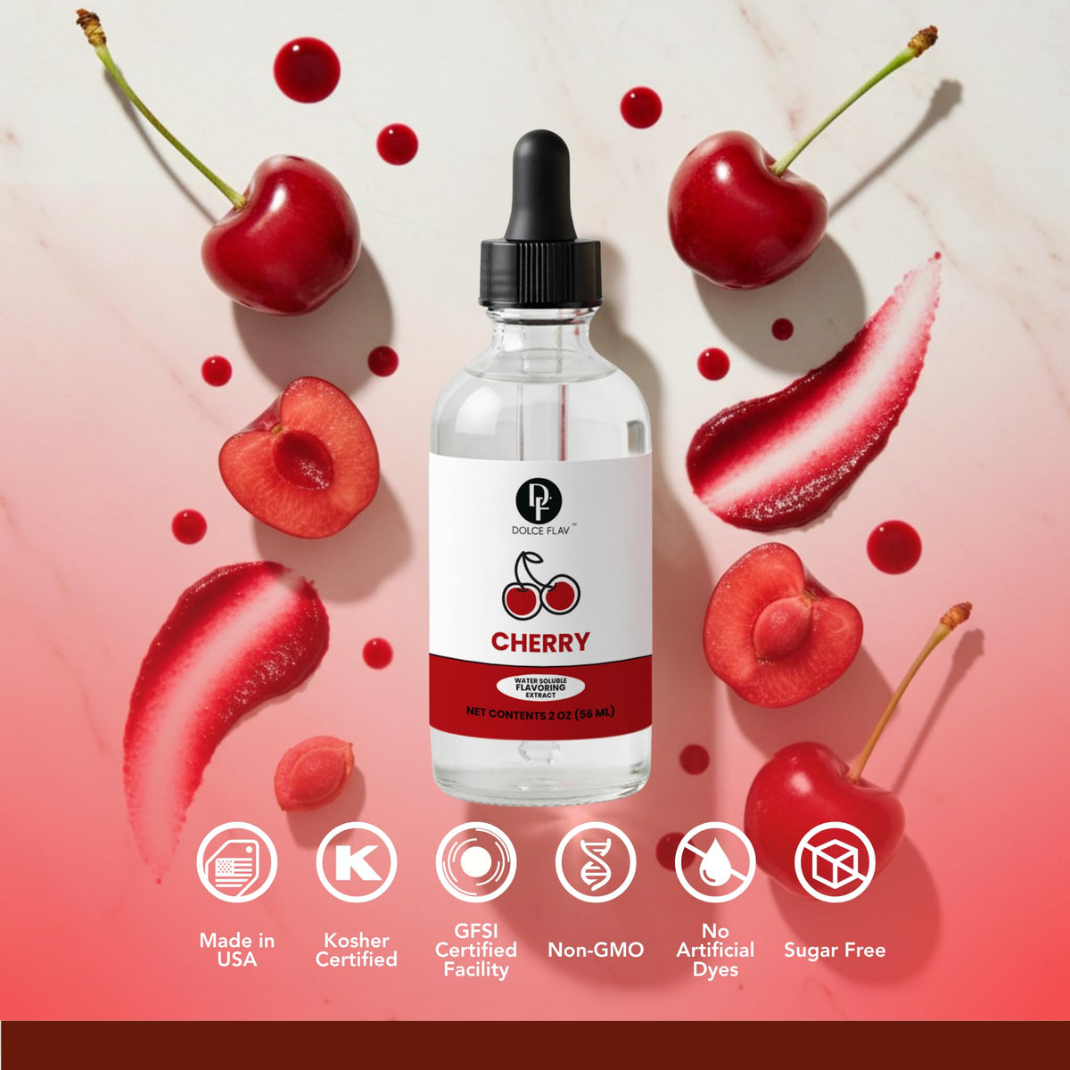 Dolce Flav Natural Cherry Extract packaging emphasizes premium USA-made quality.
