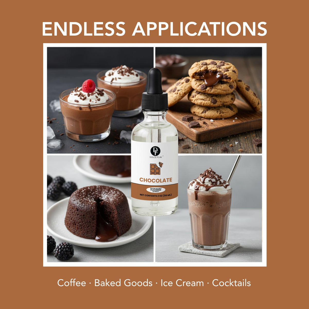 Dolce Flav chocolate dessert topping enhances desserts with velvety cocoa.