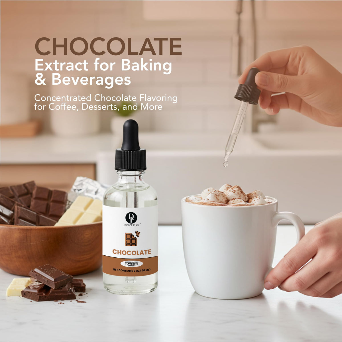 Dolce Flav chocolate extract being poured adds quick cocoa depth to drinks.