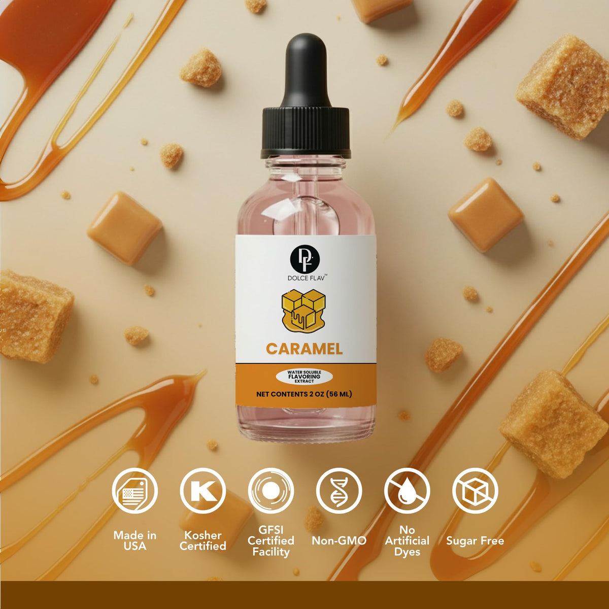 Dolce Flav caramel creamer enriched coffee with velvety sweetness.