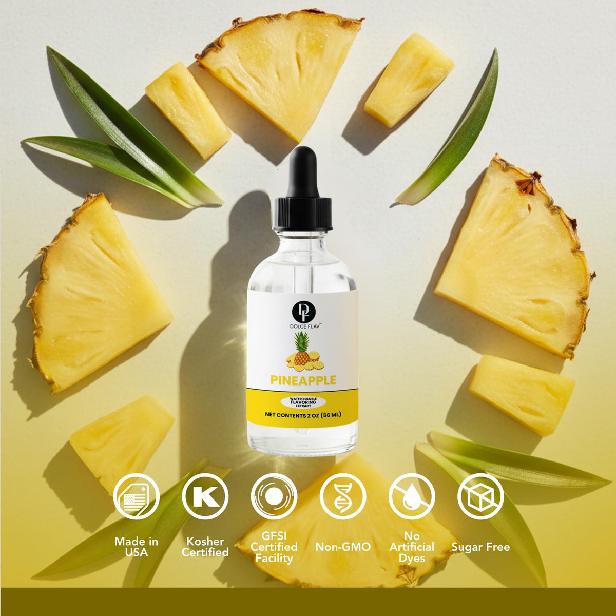 Dolce Flav pineapple extract adds tropical aroma to mocktails and desserts.