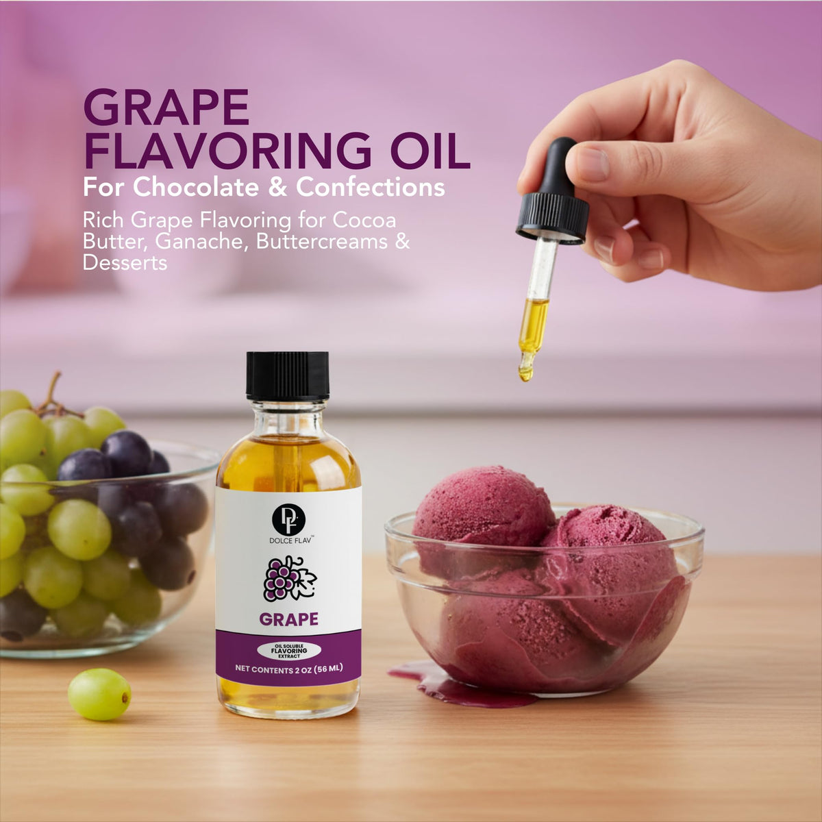 Dolce Flav Grape Extract measured dropper enables precise, sugar-free flavor additions.