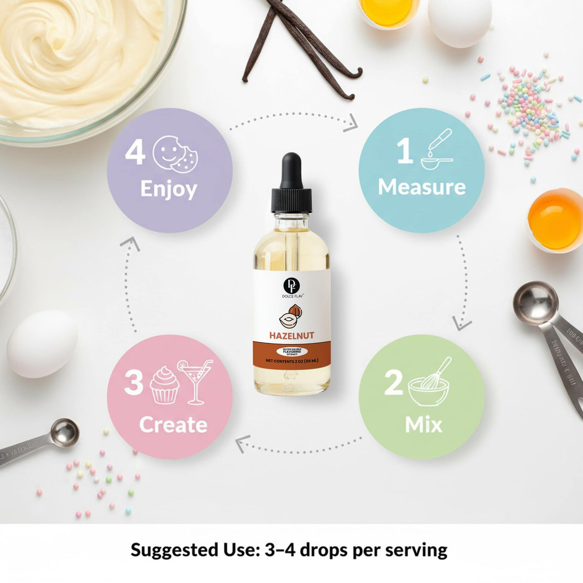 Dolce Flav hazelnut extract kitchen scene showing versatile use