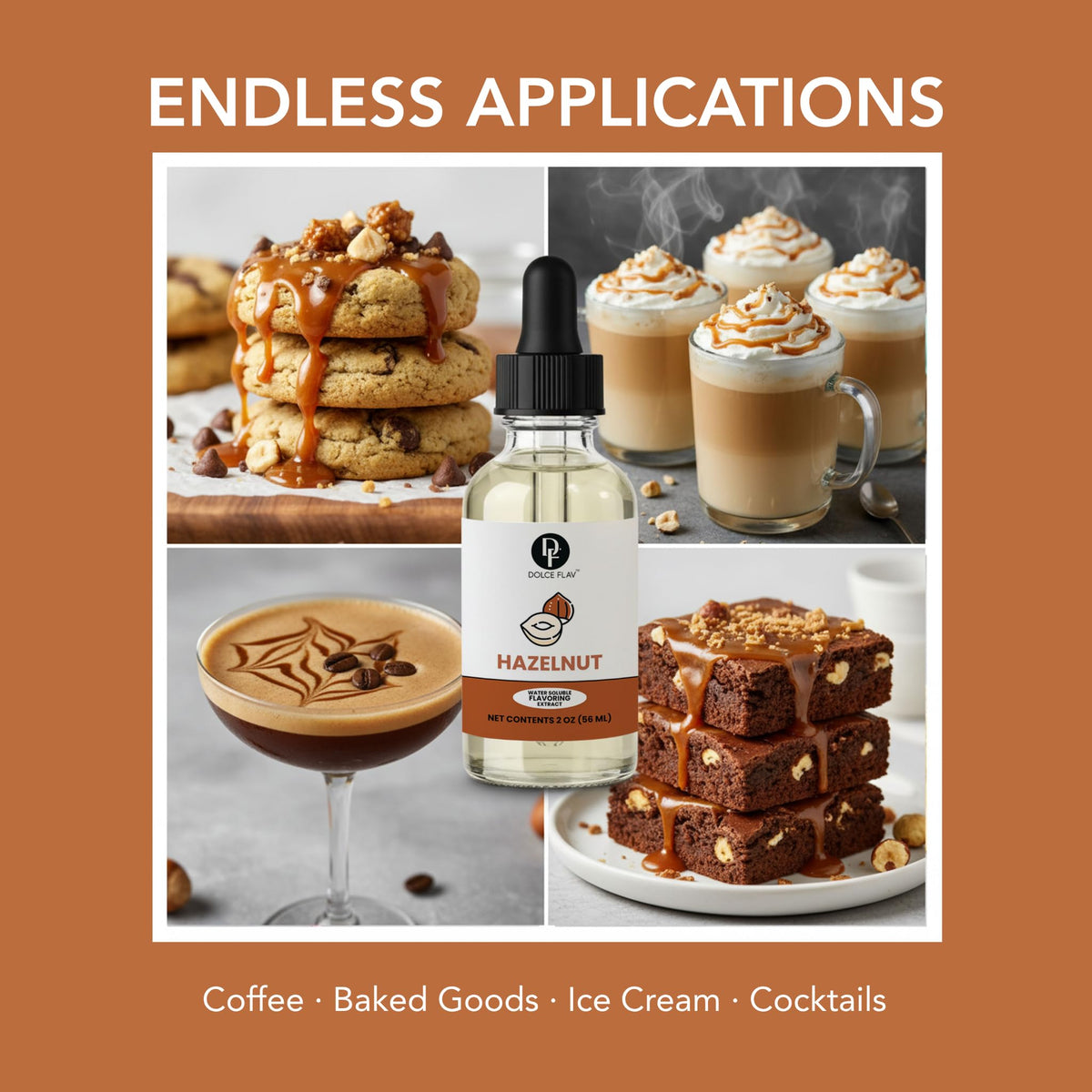 Dolce Flav hazelnut extract bottle pouring into batter or drink