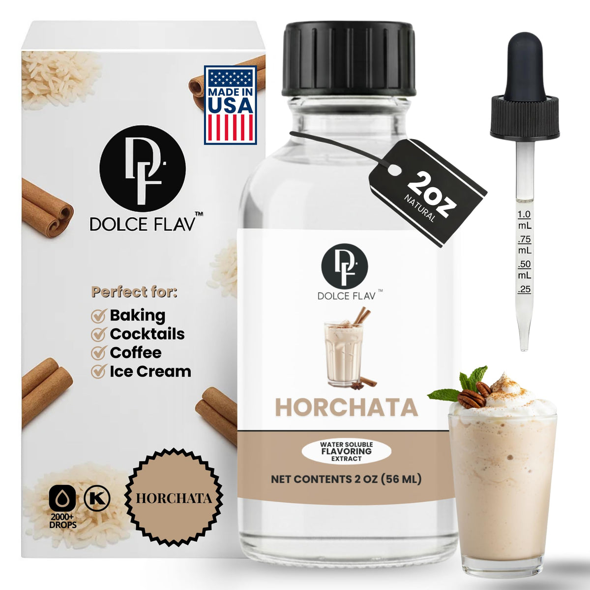 Dolce Flav Horchata Extract bottle pouring for rich horchata flavor
