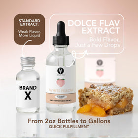Dolce Flav peach extract in a bustling kitchen scene for flavoring.