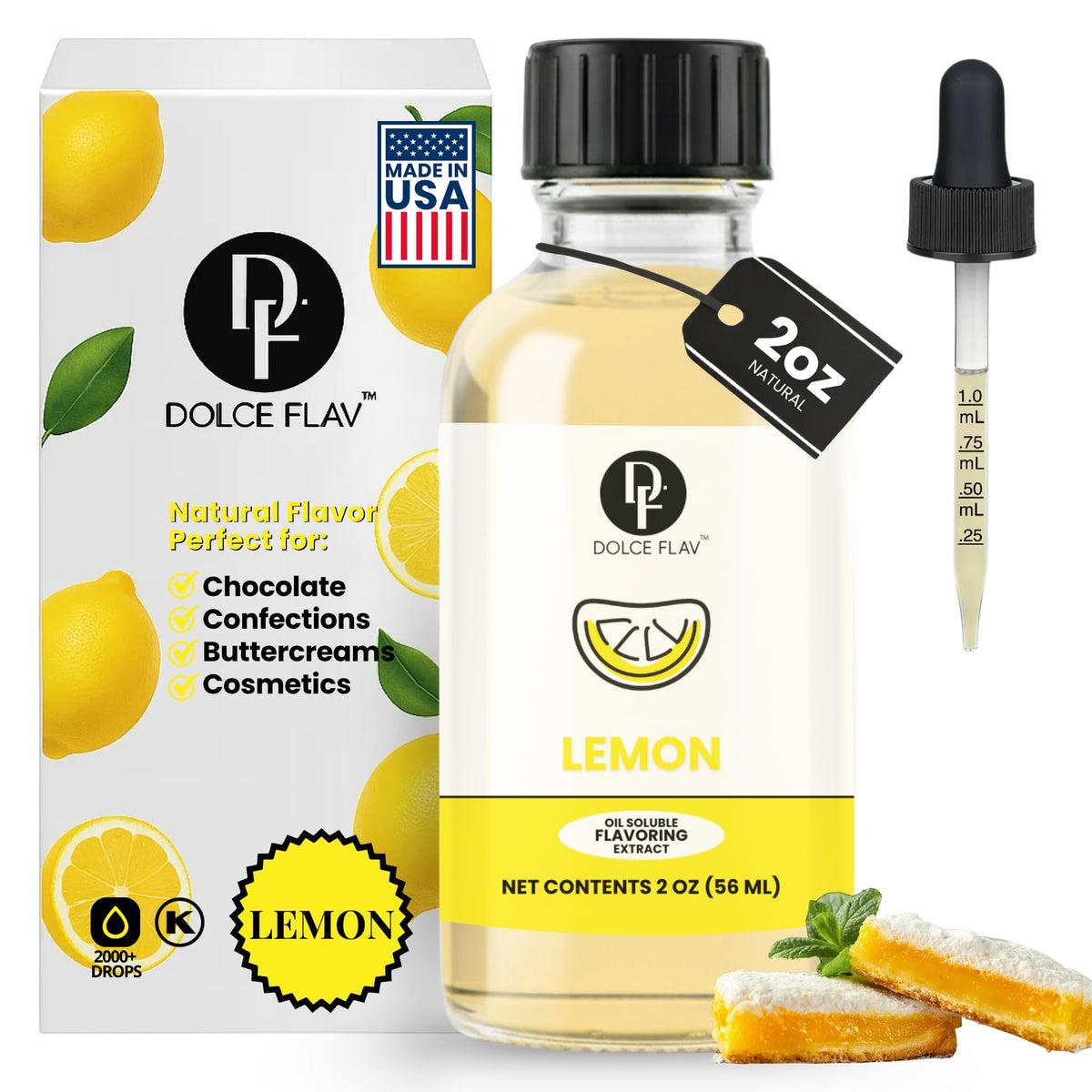 Dolce Flav lemon concentrate in glass bottle enhances baked goods with bright citrus flavor