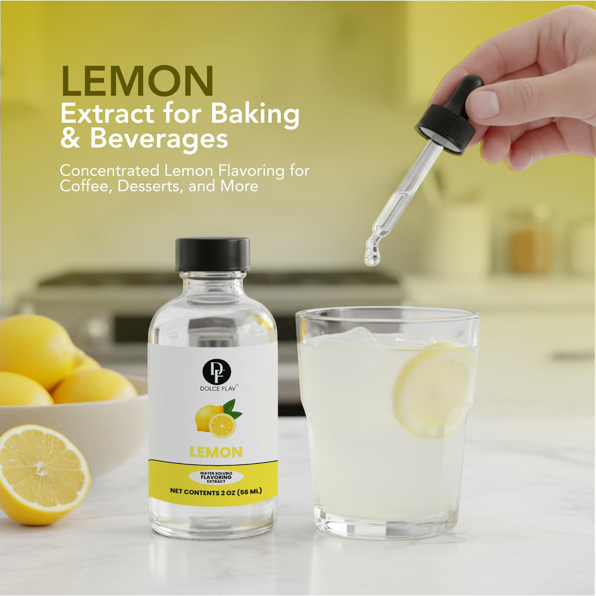 Dolce Flav lemon extract dropper close-up for precise flavor drops in recipes.