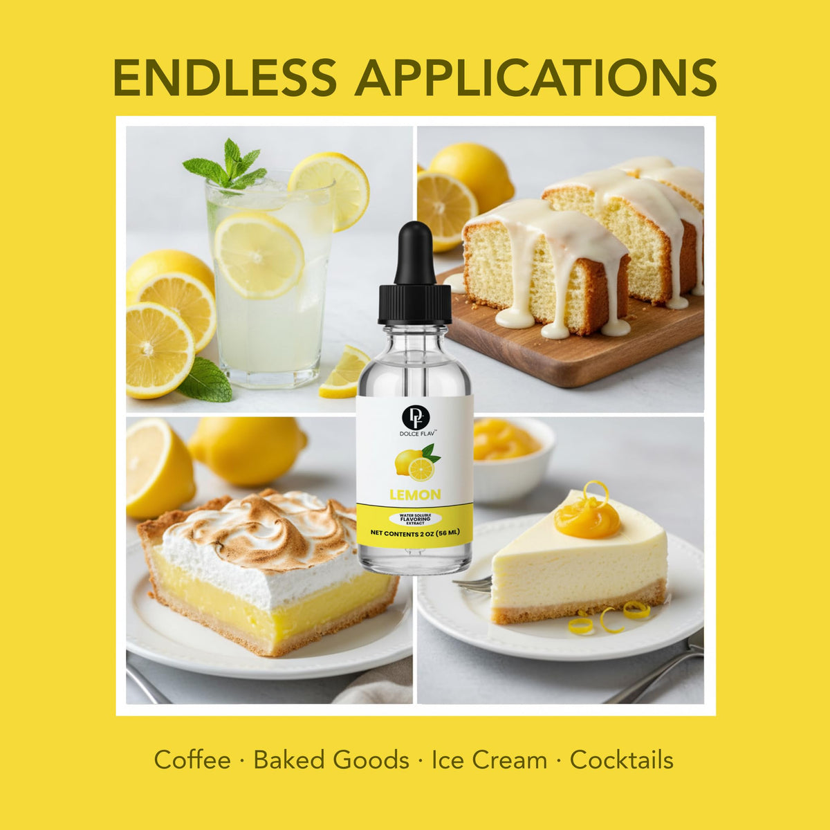 Dolce Flav lemon extract bottle used in baking for real lemon flavor.
