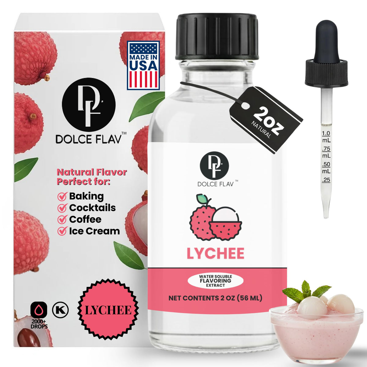 Dolce Flav Lychee Extract bottle delivers authentic lychee aroma for beverages