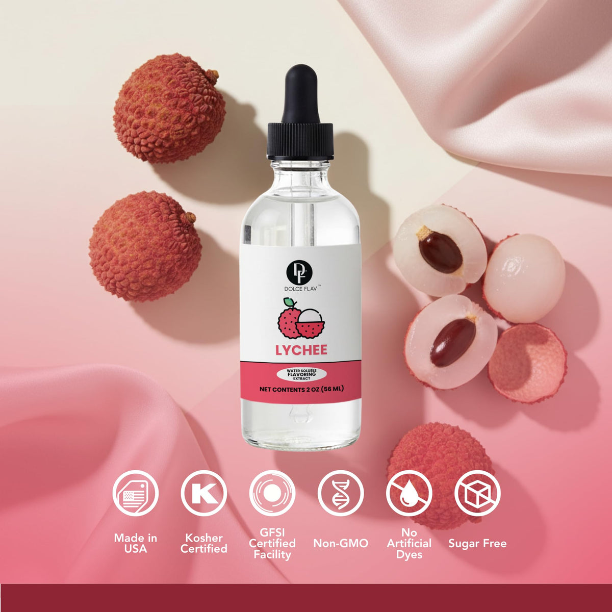 Pour shot of Dolce Flav Lychee Extract demonstrates smooth blending into drinks