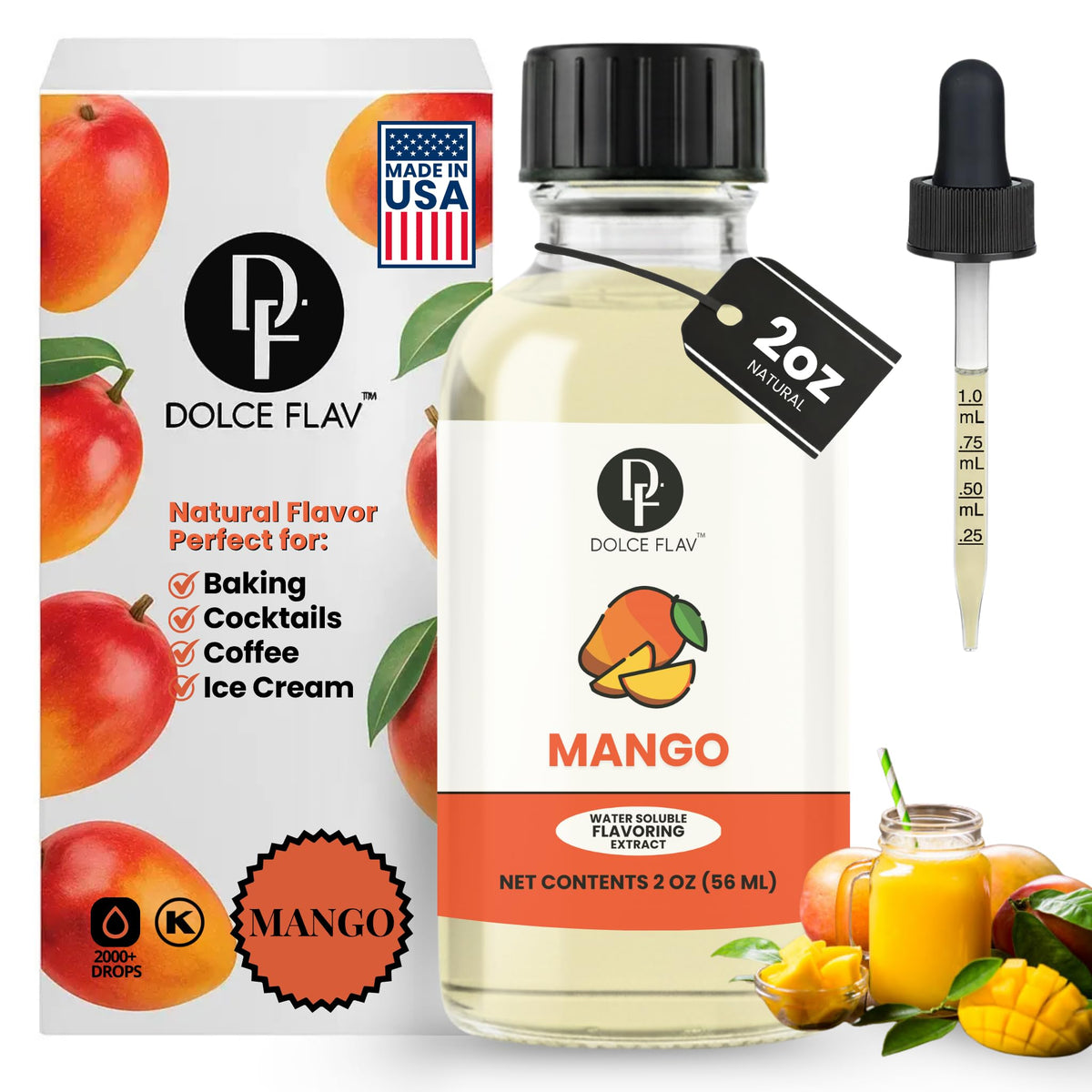 Dolce Flav Mango Extract bottle adds tropical mango flavor to baked goods.