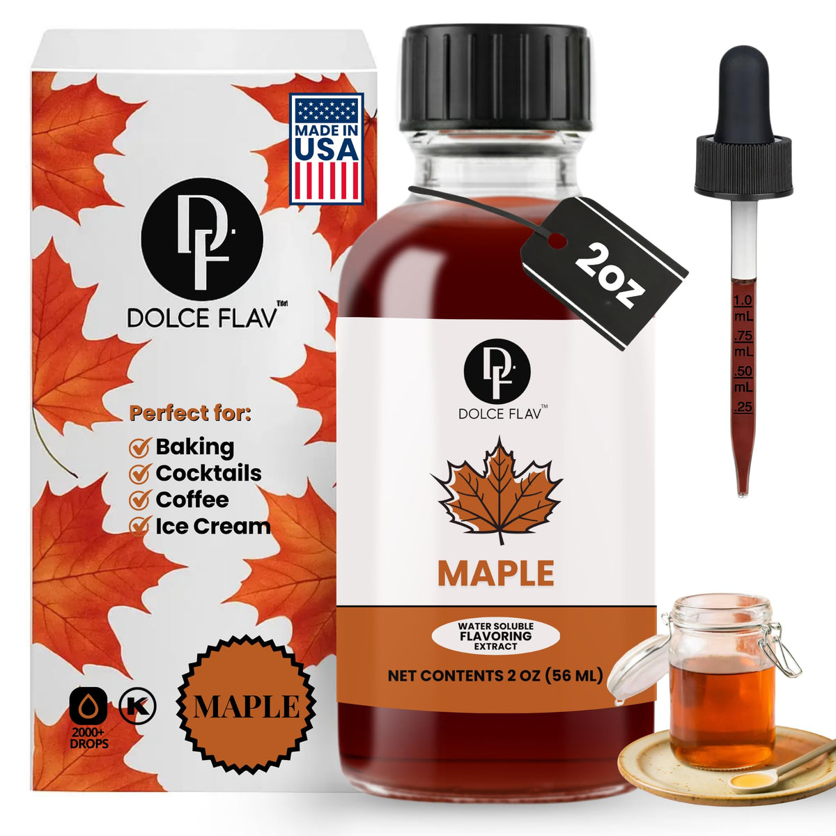 Dolce Flav Maple Extract bottle with dropper for precise baking flavor.