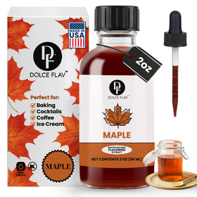 Dolce Flav Maple Extract bottle with dropper for precise baking flavor.
