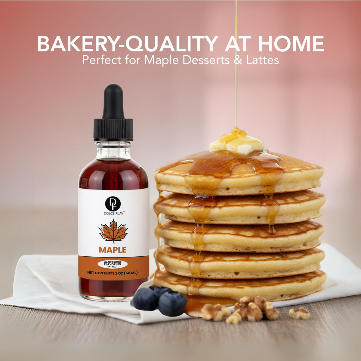 Dolce Flav Maple Extract heat-stable formula keeps flavor through cooking.