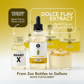 Dolce Flav measured dropper beside bottle for precise flavor application.