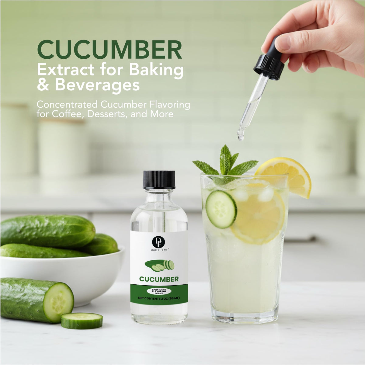 Dolce Flav measured dropper close-up for precise cucumber flavoring.