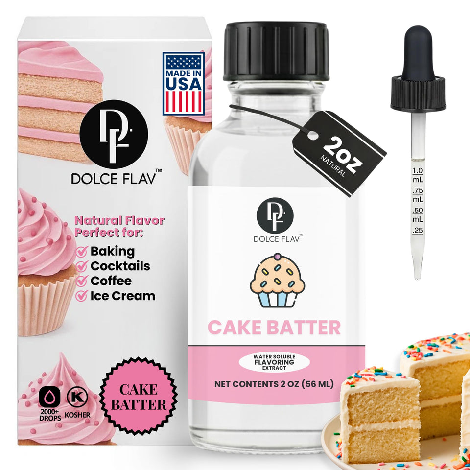 Dolce Flav natural cake batter extract bottle with dropper for precise baking flavor.