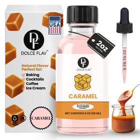 Dolce Flav caramel extract bottle for rich baking flavor.