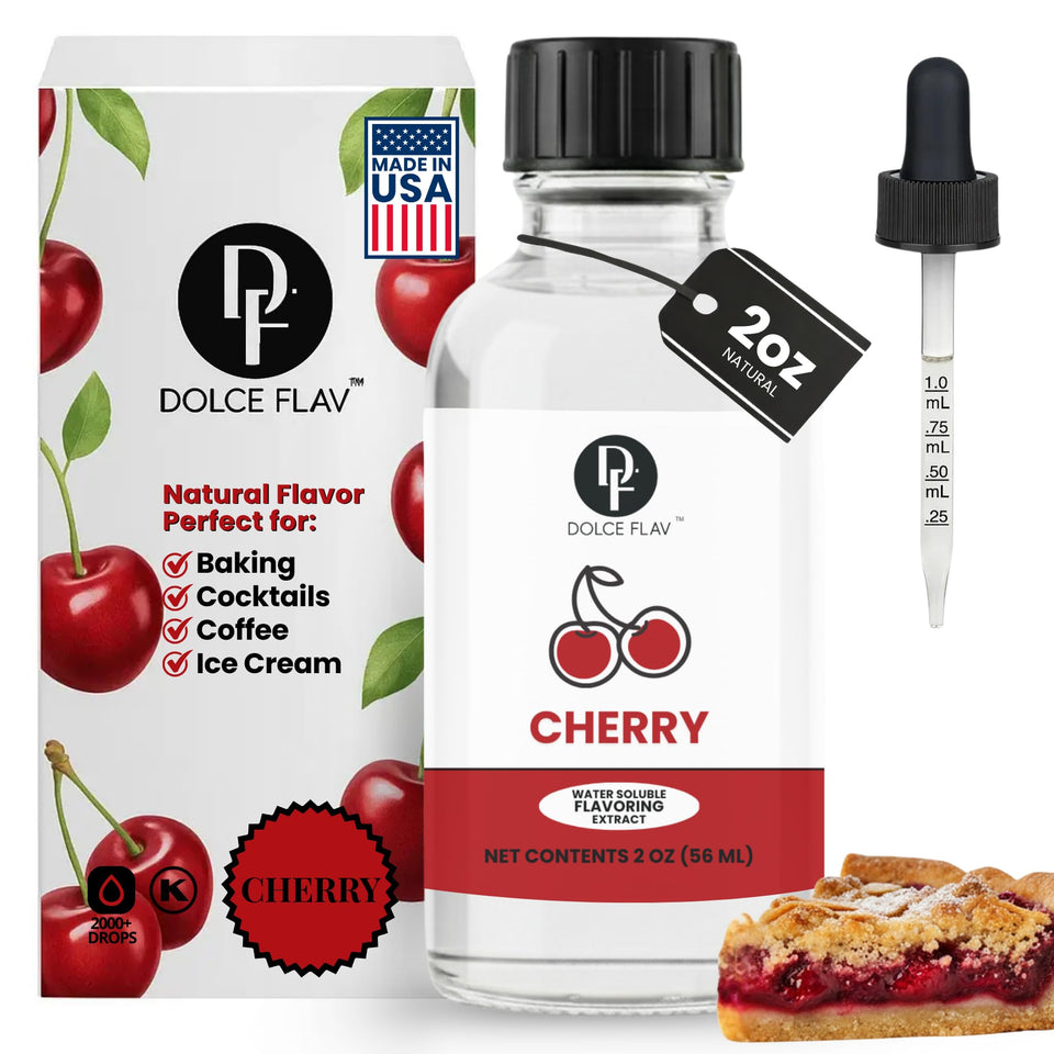 Dolce Flav Natural Cherry Extract bottle delivers bold flavor for baking.