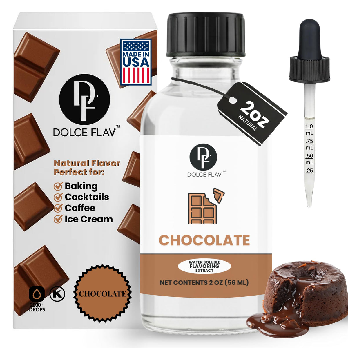 Dolce Flav Natural Chocolate Extract dropper bottle for rich flavor in baking.