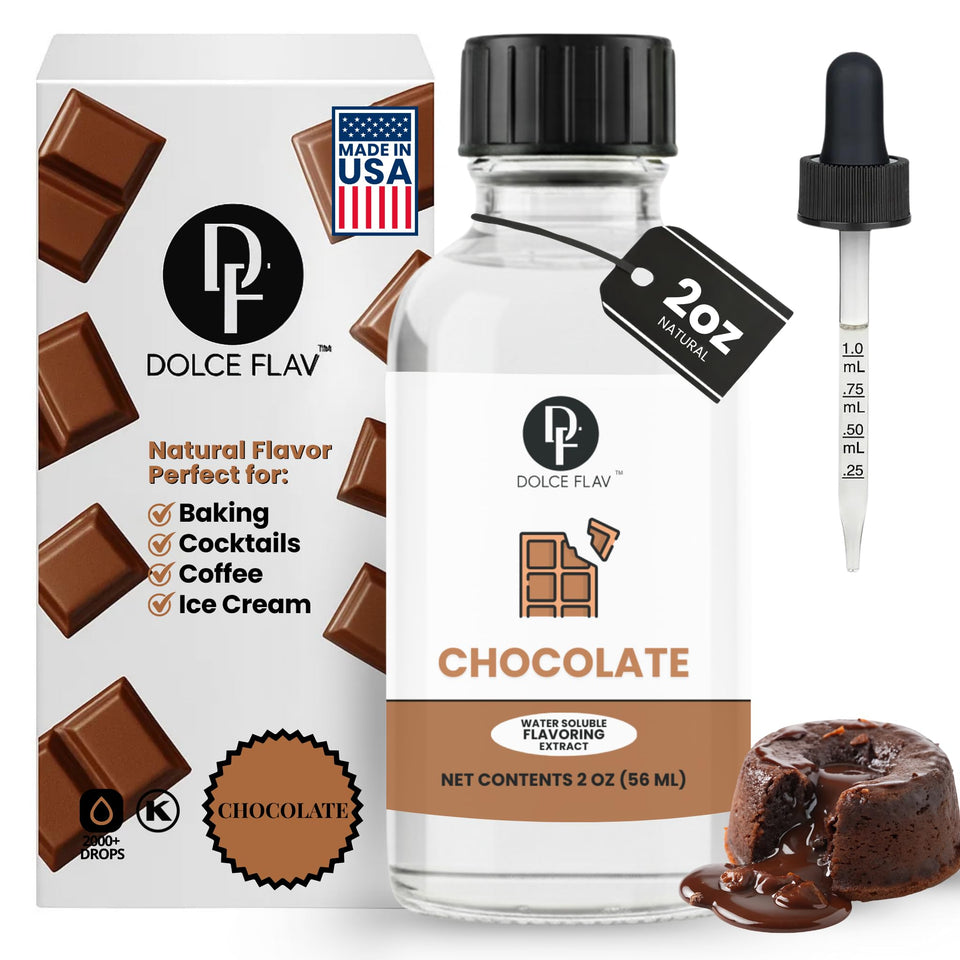 Dolce Flav Natural Chocolate Extract dropper bottle for rich flavor in baking.