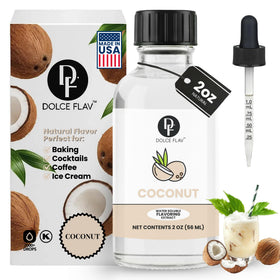 Dolce Flav coconut extract bottle with dropper for precise flavoring in recipes.