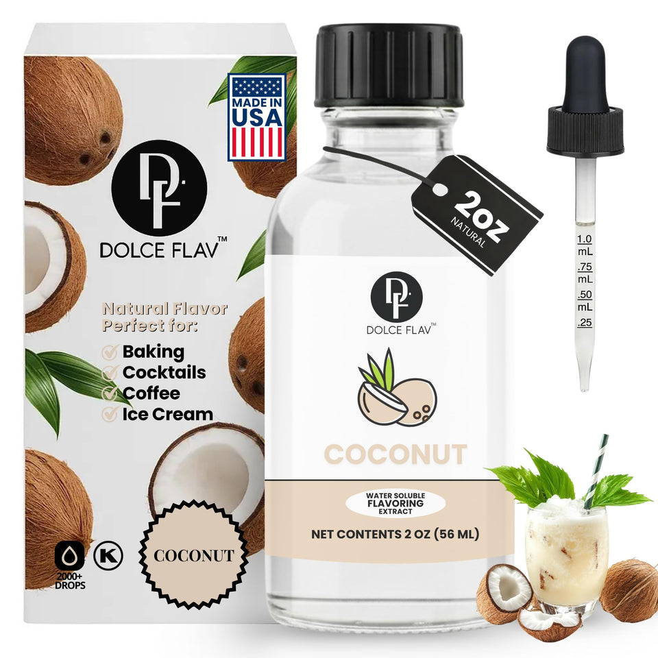Dolce Flav coconut extract bottle with dropper for precise flavoring in recipes.
