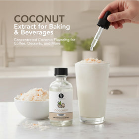 Dolce Flav coconut extract label closeup highlighting kosher, sugar-free formula.