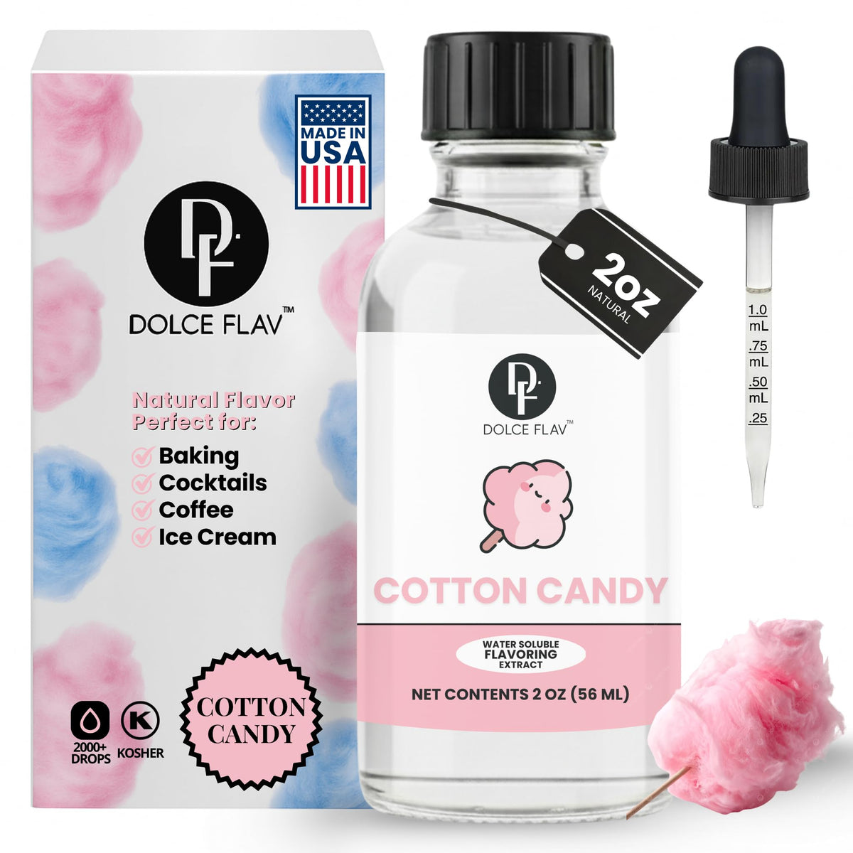 Dolce Flav natural cotton candy extract bottle with dropper for precise flavoring