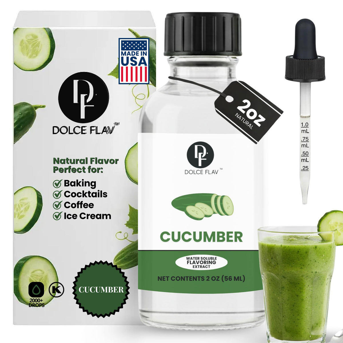 Dolce Flav cucumber extract bottle adds crisp cucumber flavor to drinks.